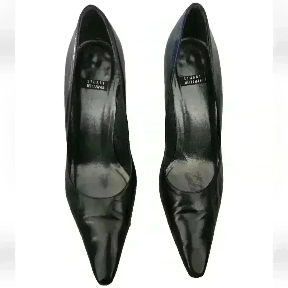 Stewart Weitzman Women's Black Leather Pointed Toe Pump 8